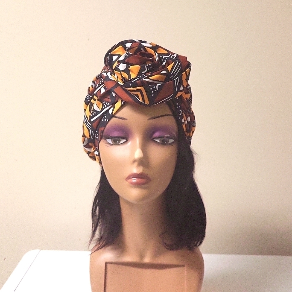 African polyester wax print pretied headwrap with bow,colorful tribal chemo hat